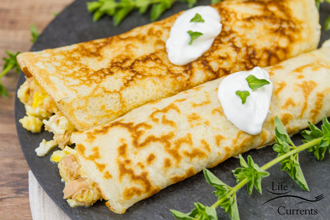 Tuna, Egg, and Cheese Crepes - Delicious, Island Trollers tuna, mixed with lovely scrambled eggs, and creamy cheese. Island Trollers is "sashimi grade albacore in a can, the finest you will find anywhere in the world!" All this homey goodness wrapped inside a simple crepe. 