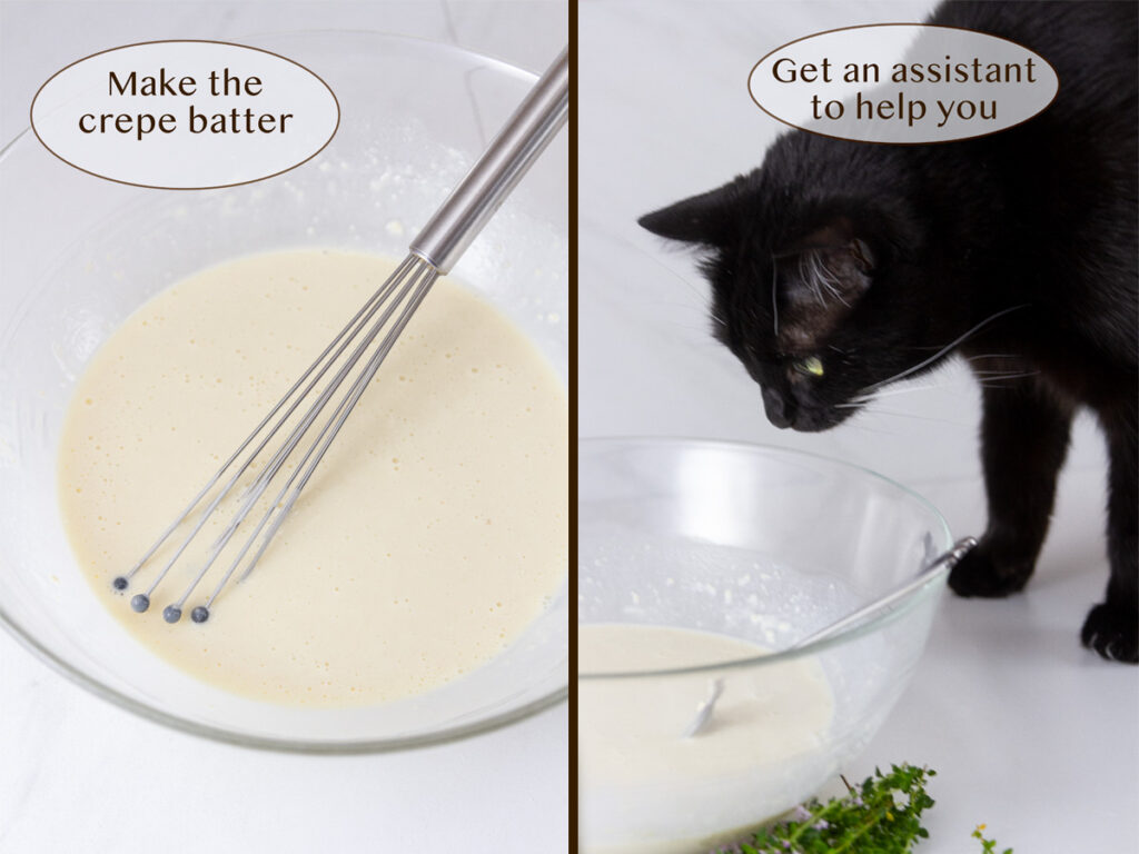 making batter for crepes on left, and a black cat looking at the batter on right.