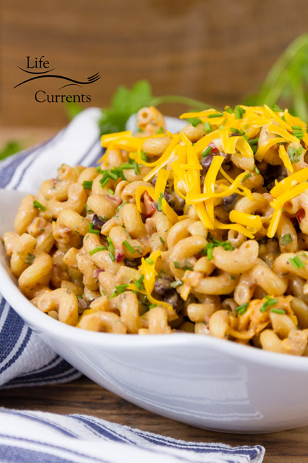 pasta salad in a white bowl