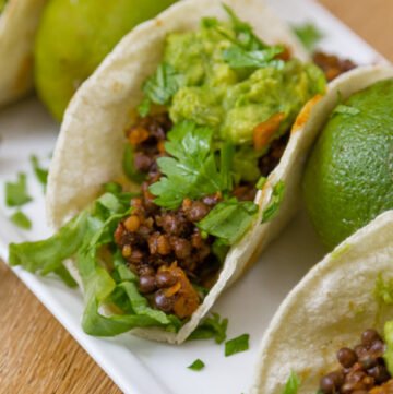 These Easy Lentil Tacos with Smashed Avocado are so good. The filling comes together in about 5 minutes, and is loaded with flavor. They’re super healthy, loaded with good for you protein, fiber, and veggies! These vegan, gluten free tacos will be a family favorite for taco Tuesday, or any day!