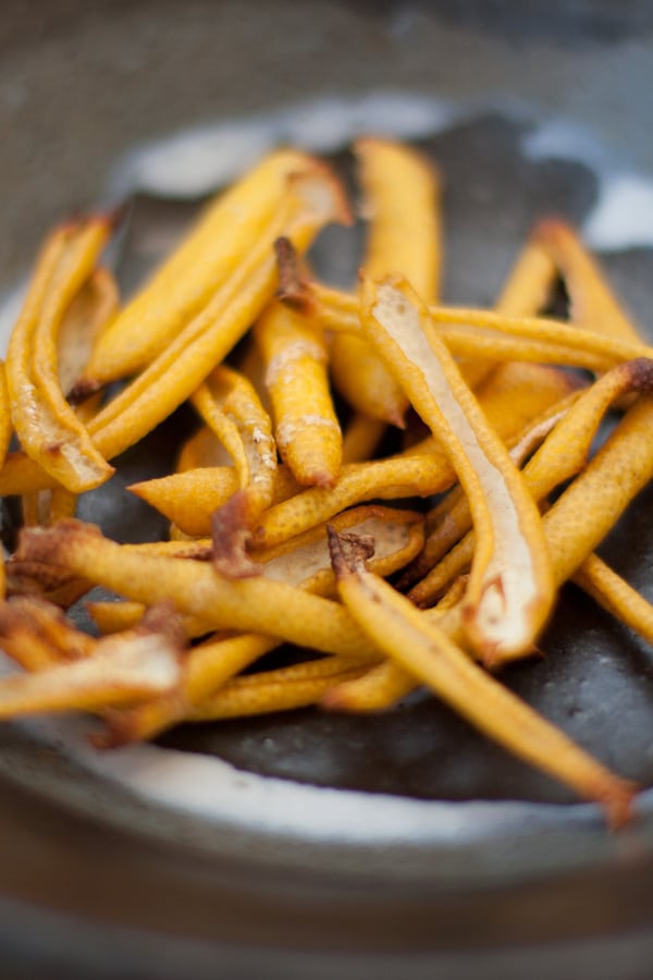 The peel turns golden brown after being roasted in the oven.