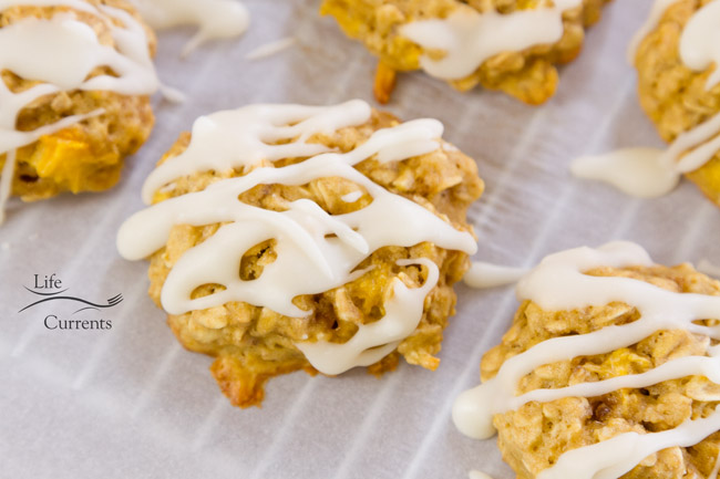 Peach Cobbler Cookies are a perfect summer treat, made with fresh juicy peaches and drizzled with vanilla icing! close up on a cookie drizzled with icing.