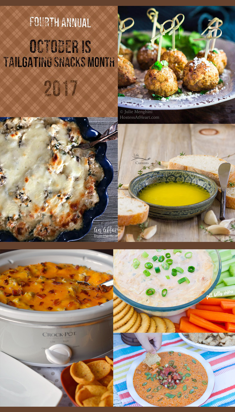 Tailgating Snacks Month 2017 Round Up Collage of all the super creative recipes that you're going to want for tailgating or football parties! 