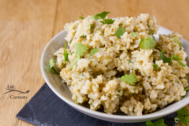 rice in a bowl with cilantro.