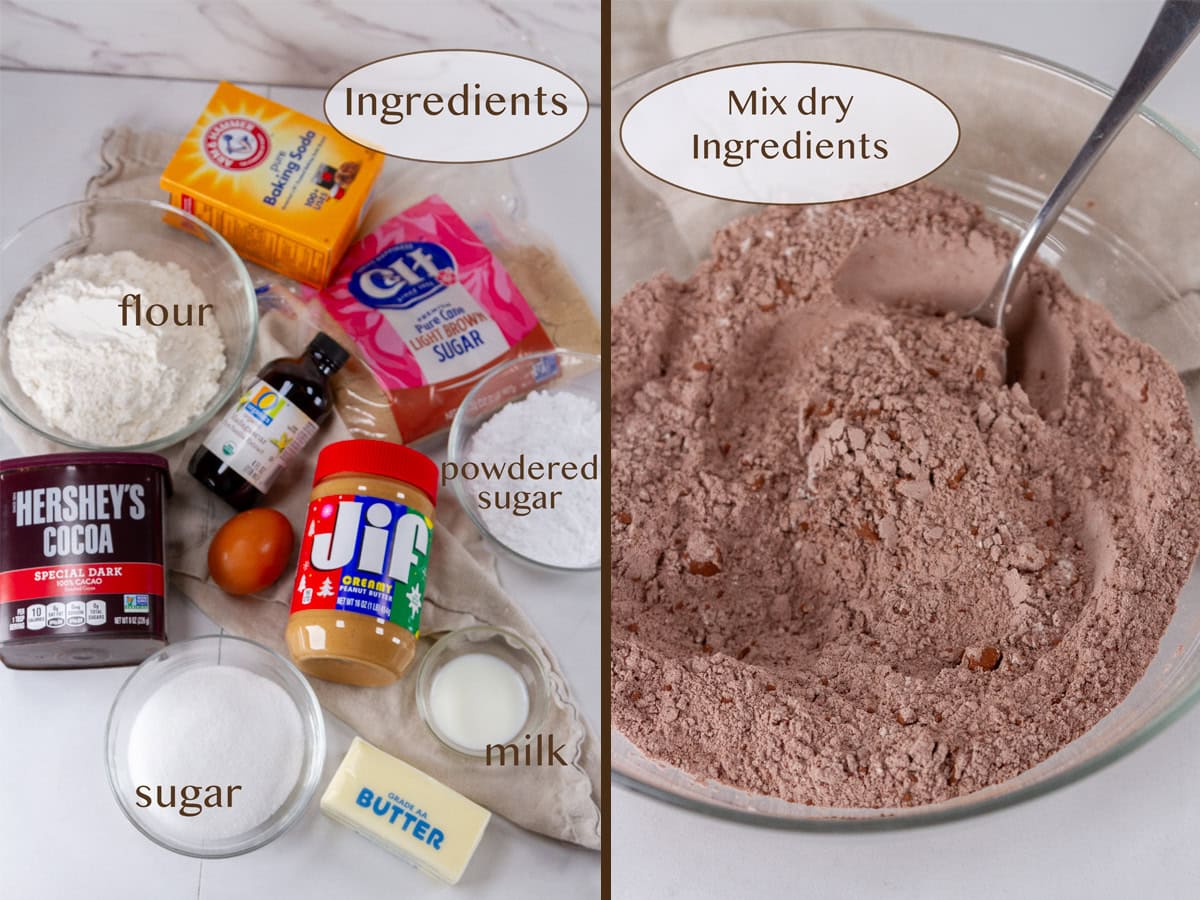 ingredients on left and dry ingredients in a bowl on right.