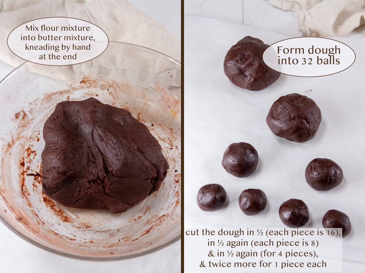 chocolate cookie dough on left and divided into balls on right.