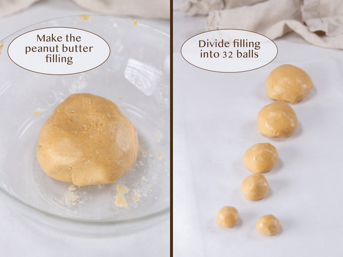 peanut butter filling on left and divided into balls on right.