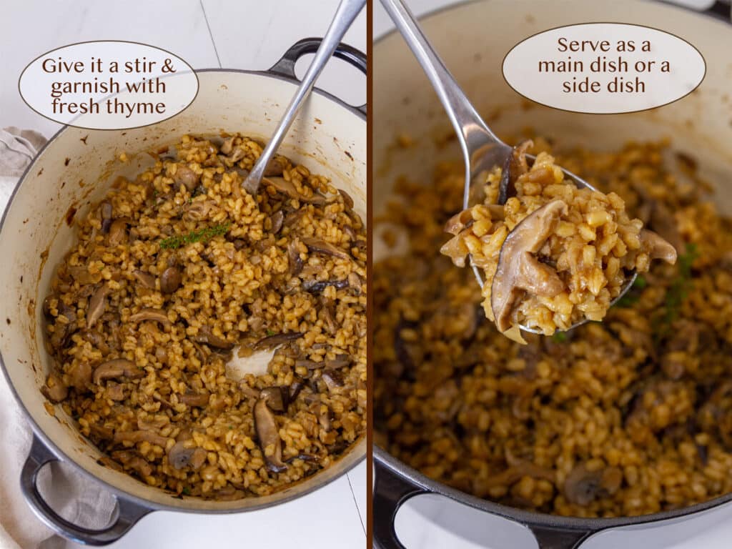 baked barley on left and with a spoon serving it up on right.