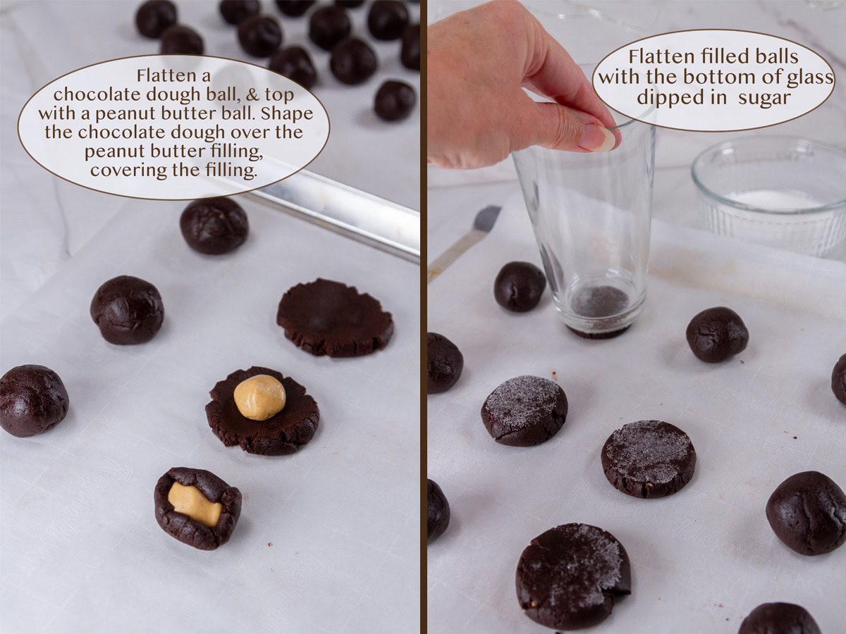 forming cookies on left and pressing with a glass on right.