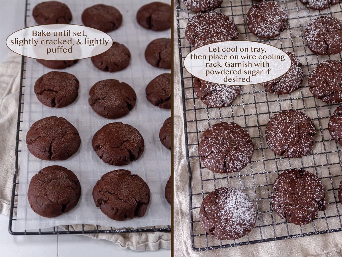 baked cookies on a wire rack on left and with powdered sugar on right.
