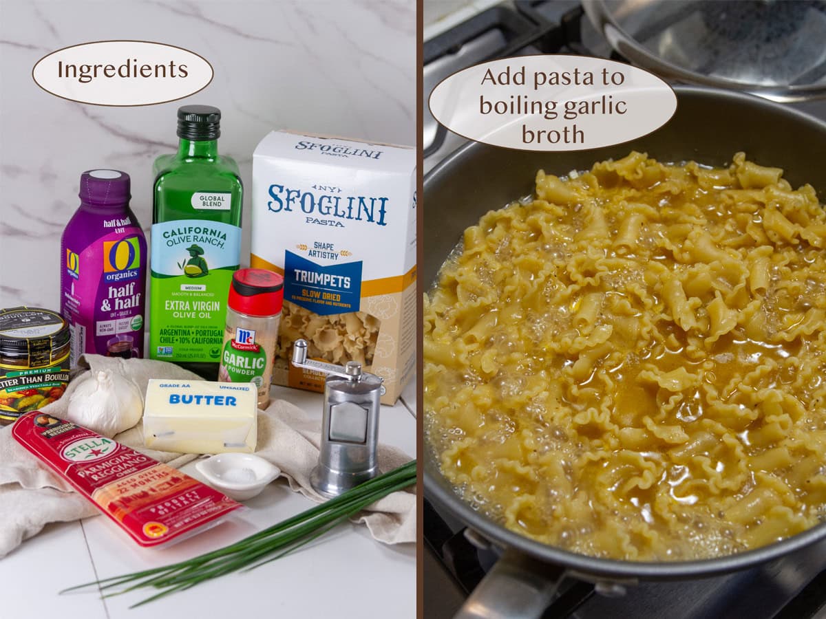 ingredients on left and cooking the pasta in the seasoned broth on right.