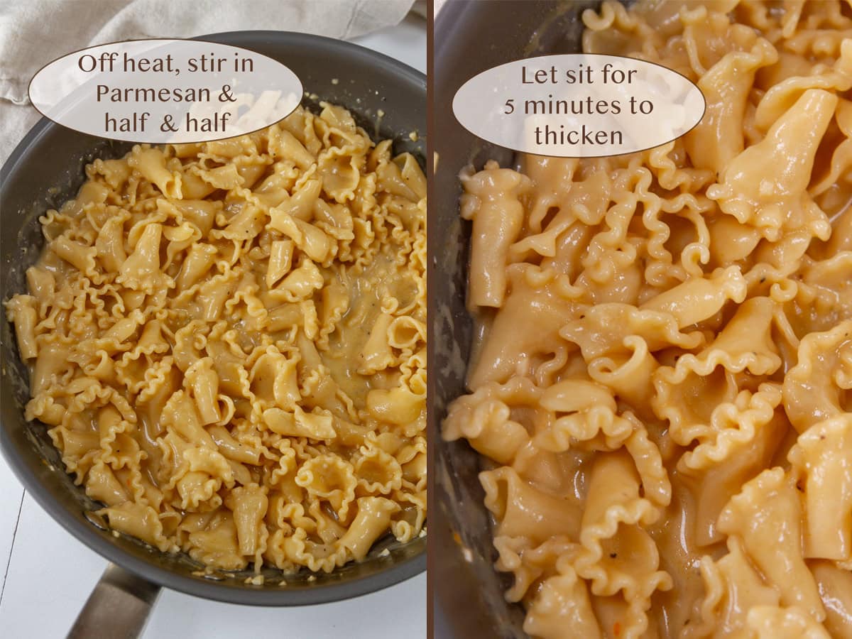 cooked pasta on left and added cheese on right.