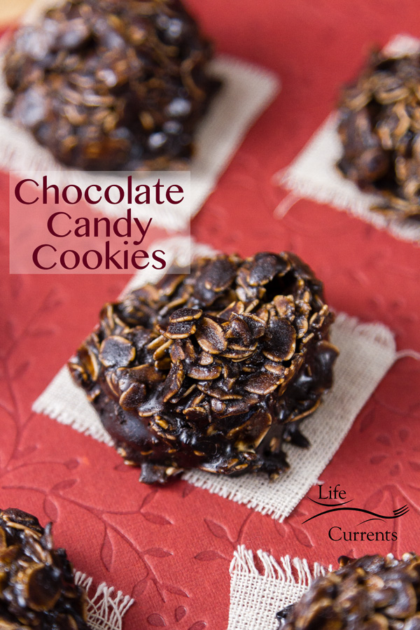 No Bake Chocolate Candy Cookies oatmeal and chocolate candy mixed together to form a cookie placed on white cloths on a red Valentine's Day background