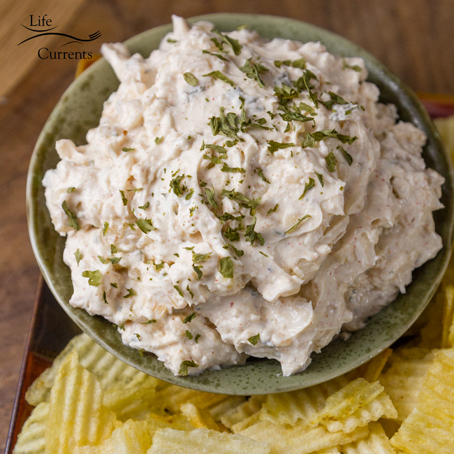 Onion Soup Mix Dip from Scratch served in a green bowl square photo with some potato chips 