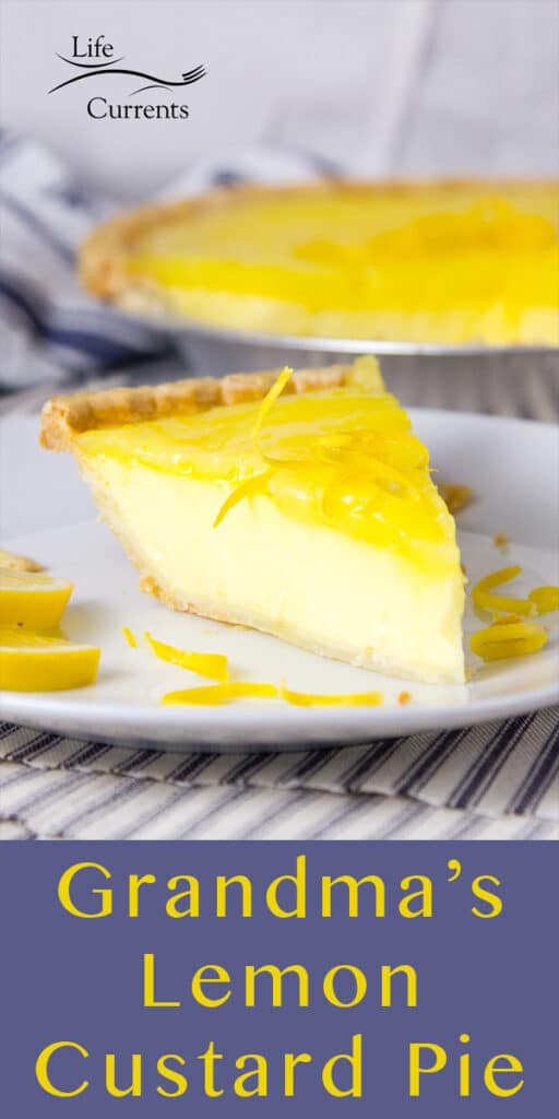 a slice of pie on a white plate in front of the whole pie, slices of lemon on the plate.