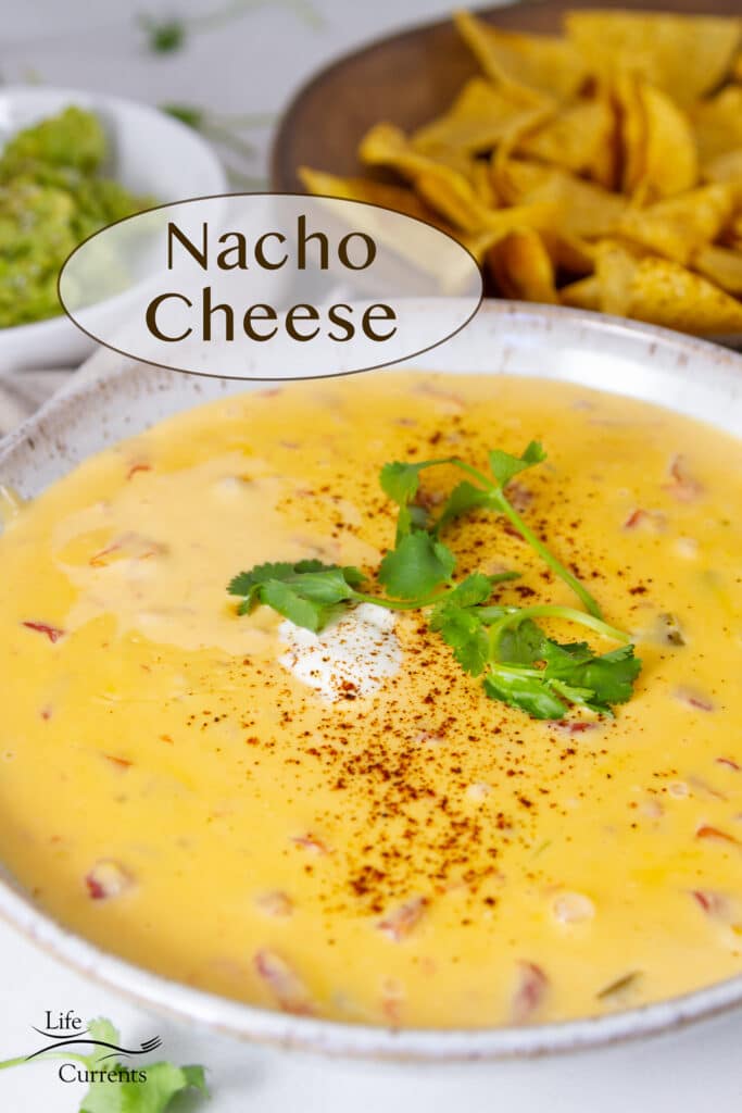 a white bowl filled with nacho cheese that's topped with sour cream and cilantro, chips and guacamole on the side.