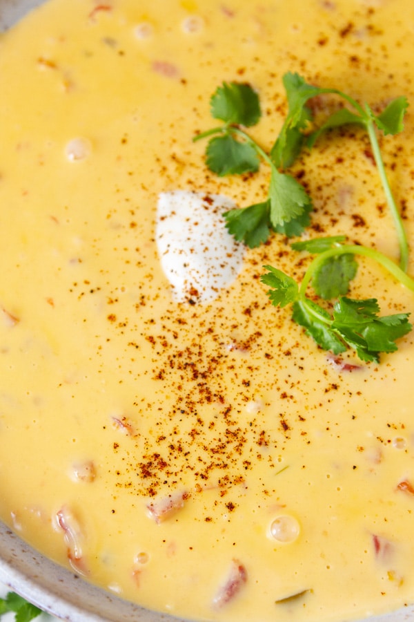 Close up on a bowl of nacho cheese dip that's garnished with sour cream and cilantro.