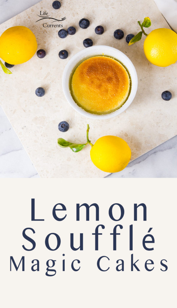 Lemon Soufflé Magic Cakes in the ramekin birthday dessert long pin for Pinterest