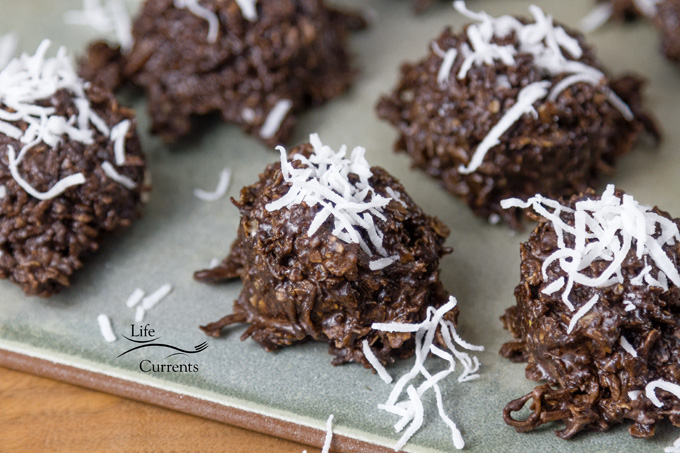 Vegan No-Bake Chocolate Coconut Candy Cookies on a grey-green tray