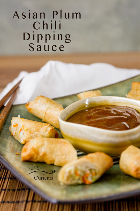 Asian Plum Chili Dipping Sauce in a small dish surrounded by yummy eggrolls ready to be dipped in the sauce 