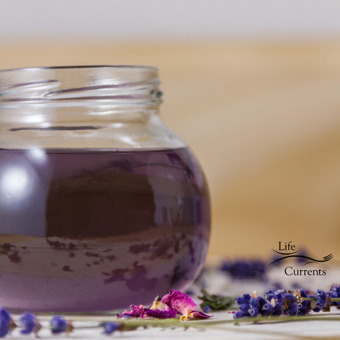 Add the wonderfully warm and floral flavor of lavender to any drink, dessert, or baked good with this easy to make Lavender Simple Syrup Recipe Lavender Simple Syrup Recipe - syrup in a glass jar with flowers all around