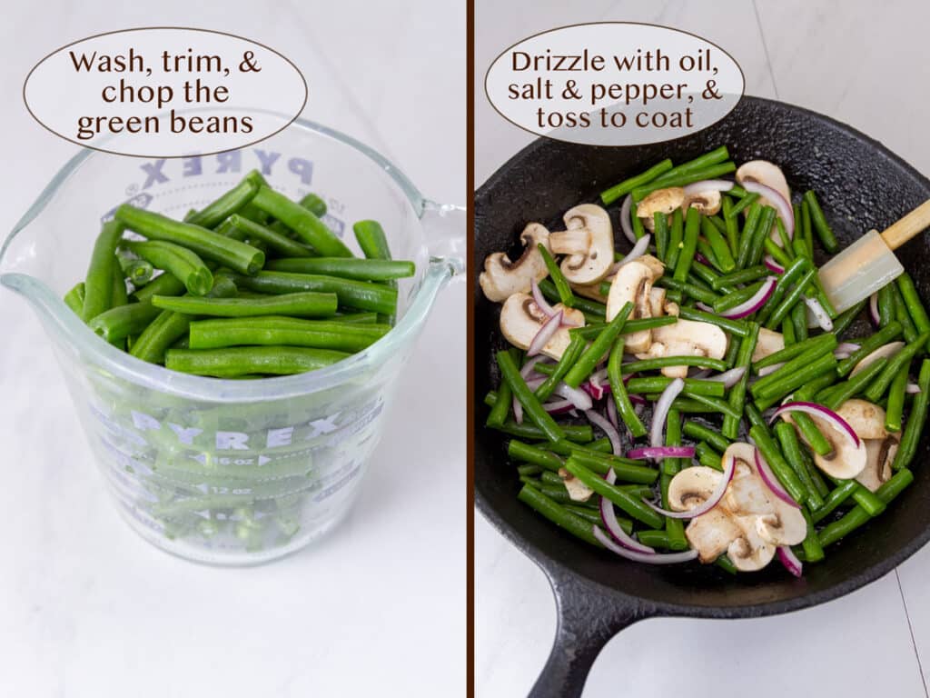 chopped green beans in a glass measuring cup on left, and in a cast iron skillet with mushrooms on right.