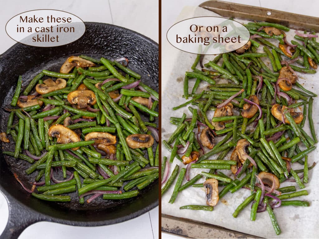roasted green beans in a cast iron skillet on left and on a sheet pan with parchment paper on right.