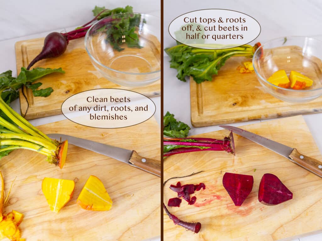cutting cleaned golden and red beets.