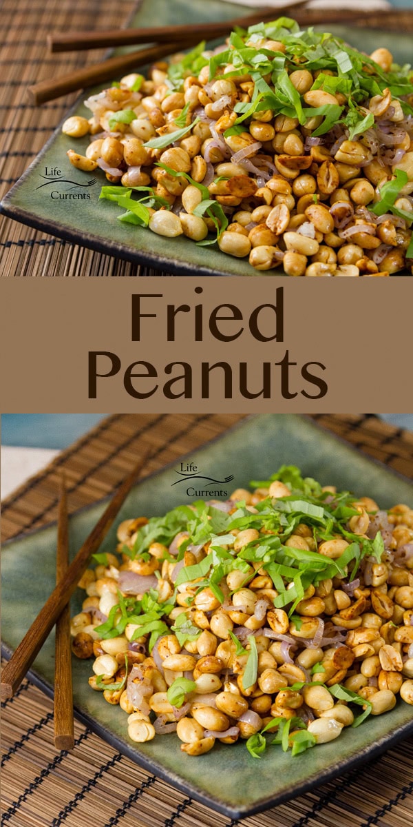 Fried Peanuts with garlic and basil. Because the peanuts are soaked before frying, they&rsquo;re harder and crispier