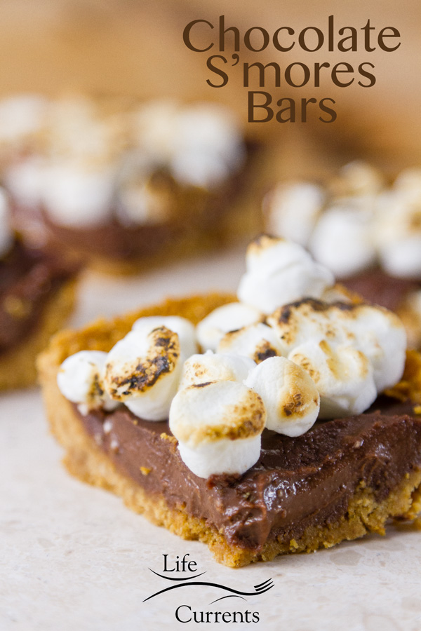 Chocolate S&rsquo;mores Bars with a buttery crisp graham cracker crust, a soft luscious chocolate layer (that&rsquo;s enhanced with a little coffee), and all topped off with toasted marshmallows. 