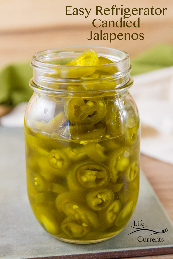Easy Refrigerator Candied Jalapenos are so good. Lightly sweet, spicy heat. A little tang from the pickling vinegar. 