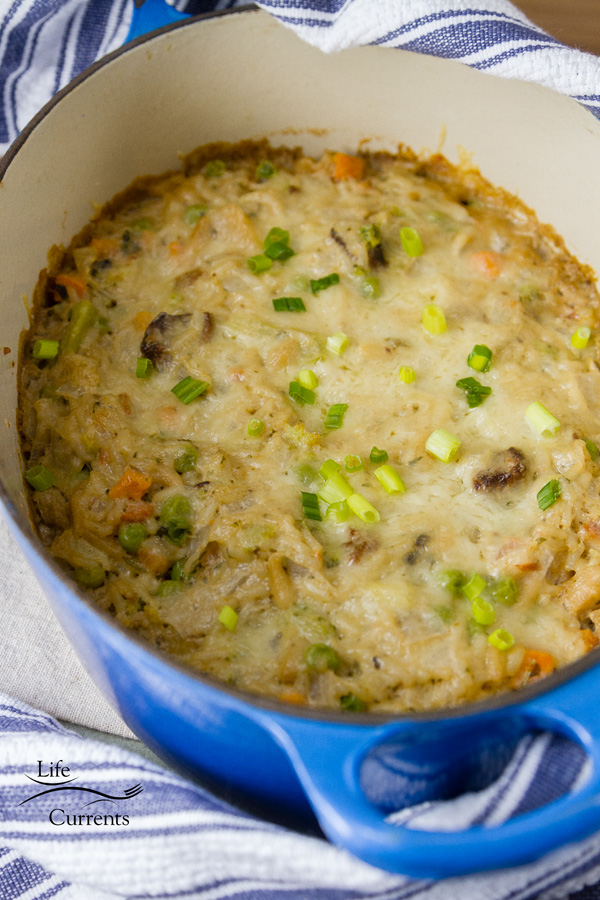 close up on casserole topped with cheese and green onions.