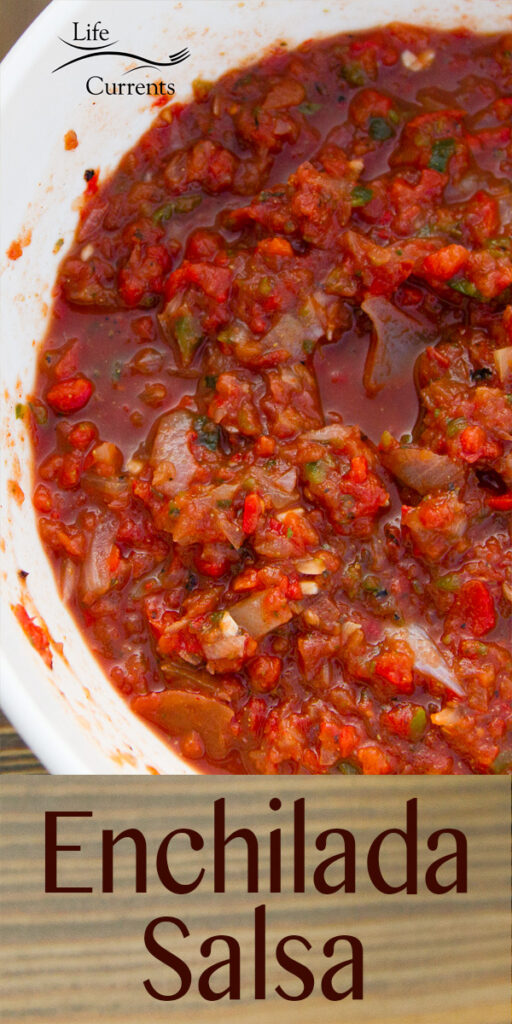 A white bowl filled with dark red salsa, title underneath: Enchilada Salsa.