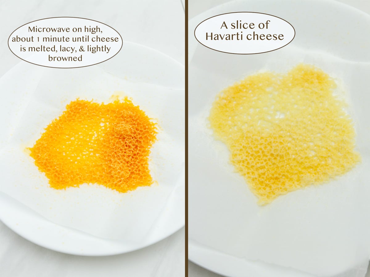 a cheddar cheese crisp on left and a Havarti crisp on right.