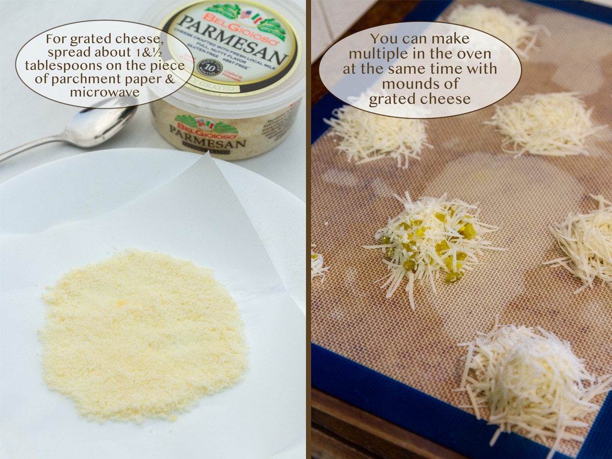 shredded Parmesan on a plate on left and several mounds of Parmesan on a baking tray on right.