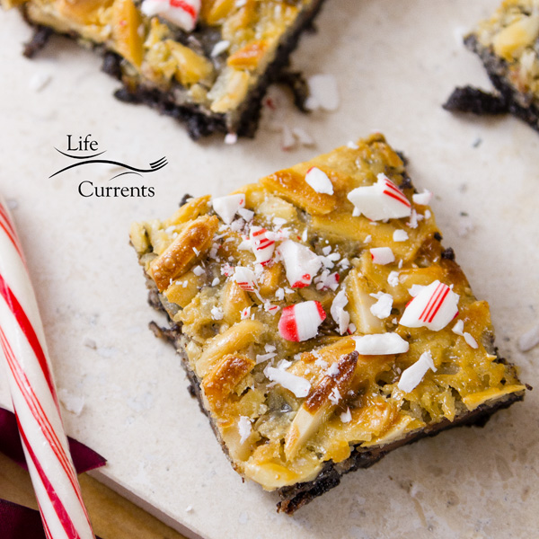 Peppermint Magic Bars With layers of chocolate cookie crust, chocolate chips, peppermint bark, coconut, and almonds, your taste buds are in for a yummy holiday treat.