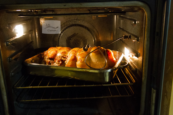 Rolled Stuffed Turkey with the oven probe in the oven