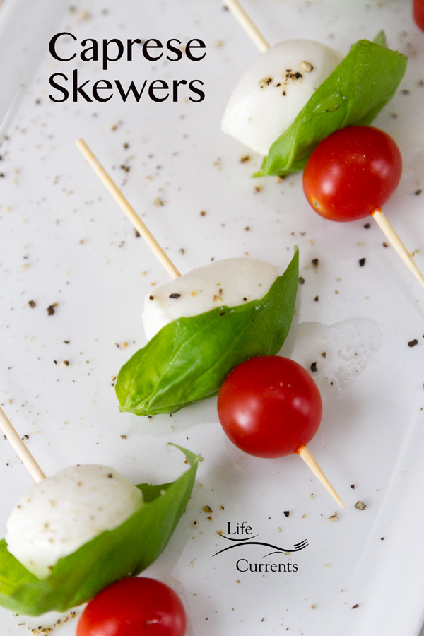 Appetizer Skewers with mozzarella, basil, and tomato