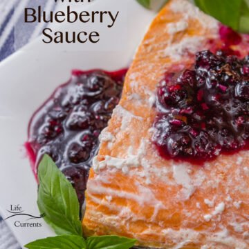 Salmon with Blueberry Sauce - Salmon fillets wrapped in a parchment paper pouch (en papillote) and baked in the oven, then topped with a special blueberry conserve that’s made especially for garnishing fresh salmon.