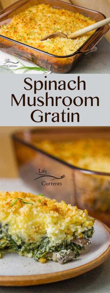 Spinach Mushroom Gratin - A lovely side dish that&rsquo;s filled with iron-rich dark green spinach, mushrooms, creamy ricotta, cheeses, and all topped off with a crunchy bread crumb topping. This casserole is so good! 