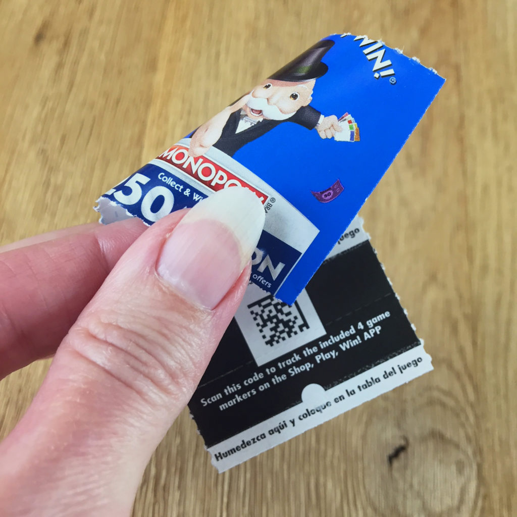 SHOP, PLAY, WIN!&reg; Collect & Win Game featuring MONOPOLY Photo above: I wanted you to be able to see where to find the 2-D square barcode on the back of the game ticket. That's it, the little square inside the ticket.