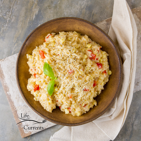 Corn and Red Pepper Risotto And, it&rsquo;s healthy too. As most of the creaminess comes from the natural starch of the rice, and not from fats and fillers. 