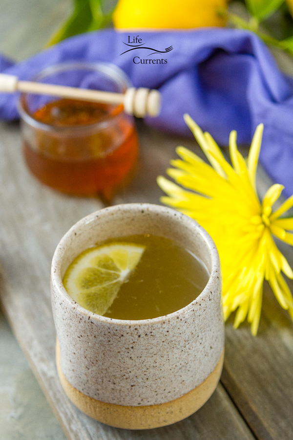A mug with a slice of lemon in the drink and a honey pot behind it.