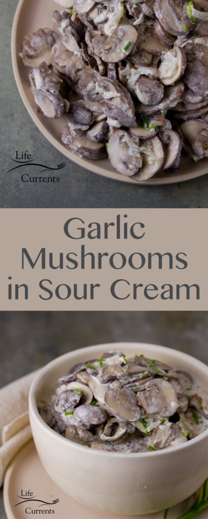 Garlic Mushrooms in Sour Cream - Earthy mushrooms seasoned with garlic, and topped with creamy sour cream. It&rsquo;s the perfect easy to make side dish or topper for lots of tasty dishes. This recipe is a winner for all garlic and mushroom lovers.