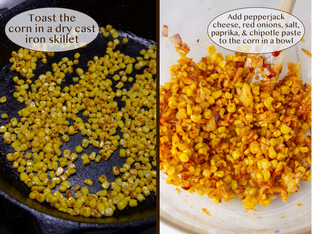 two images: toasting corn in a skillet on left, and mixing corn with ingredients on right.