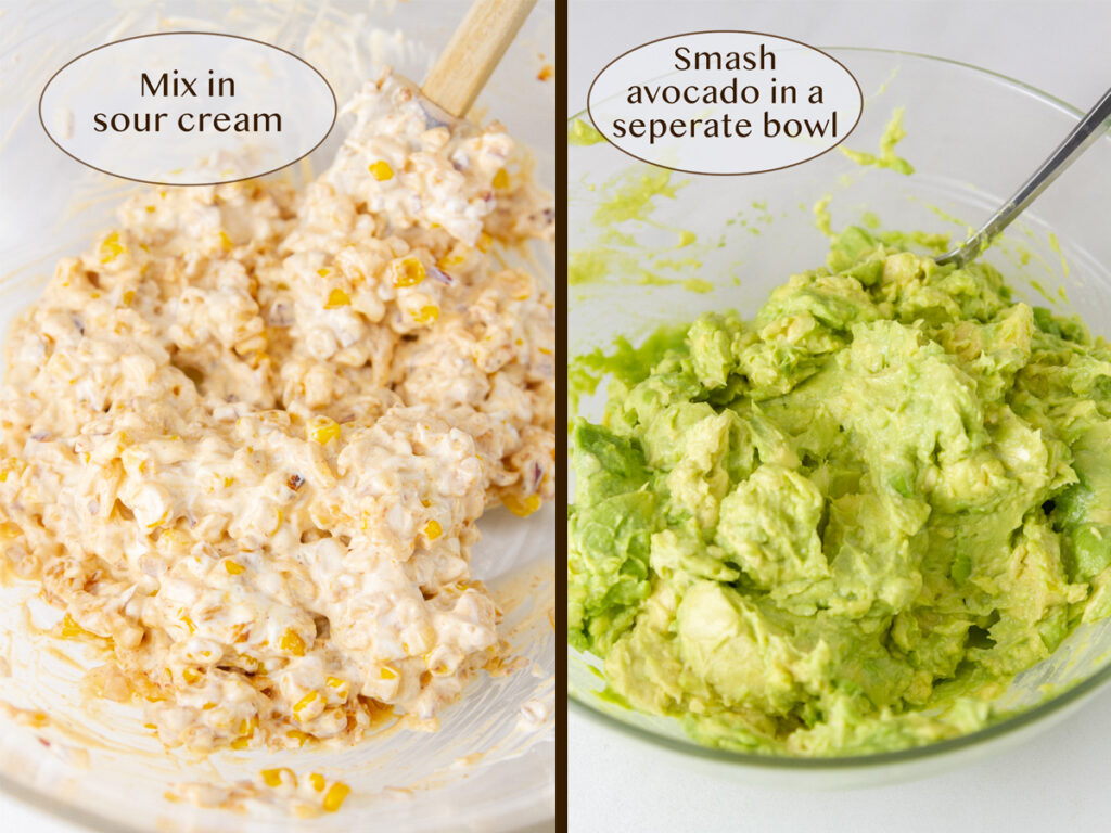 two images: mixing sour cream into corn on left, and smashed avocado on right.