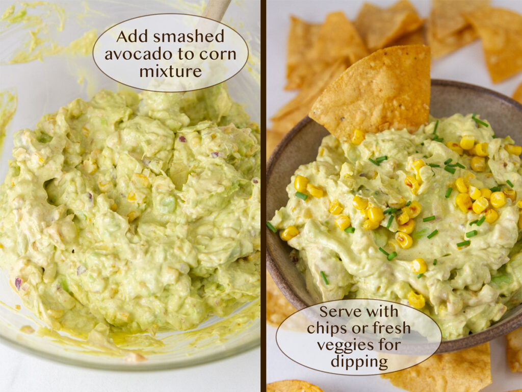 two images: avocado mixed into the other ingredients on left, serving with chips on right.