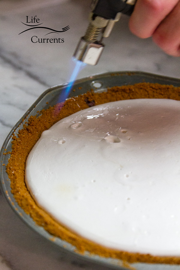 Chocolate S&rsquo;More Pie - Toasting the Marshmallow topping to golden perfection