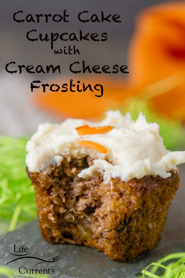 Carrot Cake Cupcakes with Cream Cheese Frosting These cupcakes are packed with grated carrots, coconut, pineapple, and pecans for a moist tender cake that’s lighter in calories than most cakes.
