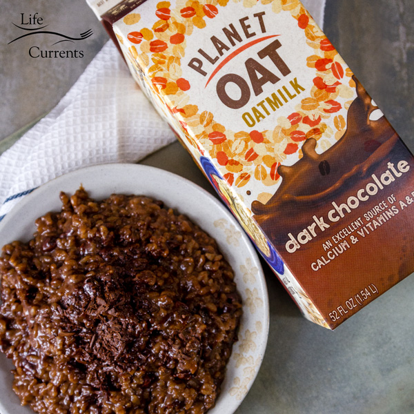 Dark Chocolate Oatmilk in easy rice pudding using leftover cooked rice